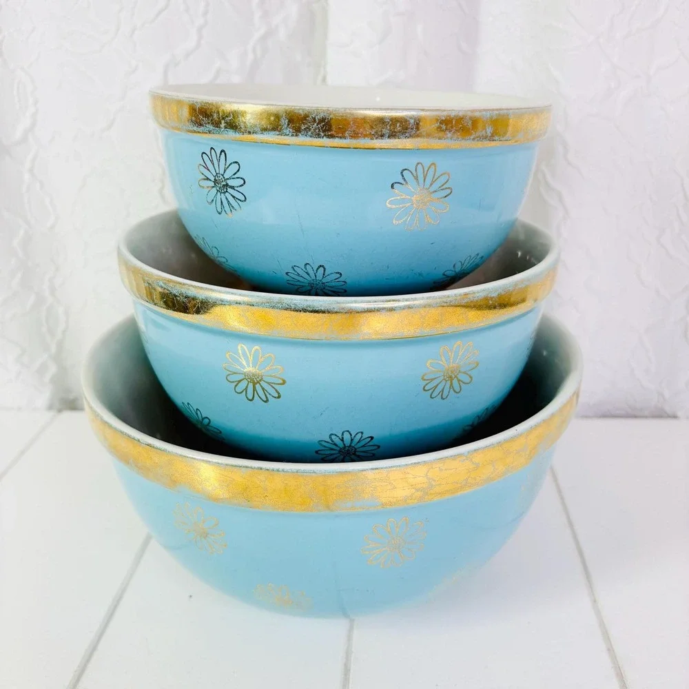 Vintage Hall China Nesting Bowls, Blue and Gold Daisy, Set of 3